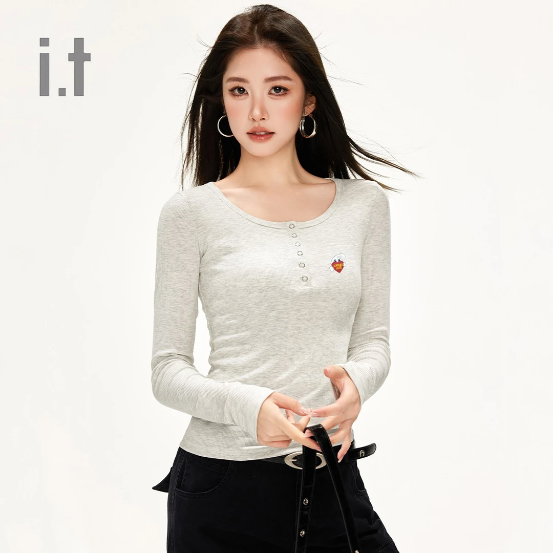 CHOCOOLATE春季新款长袖t恤半开领显瘦上衣休闲打底衫