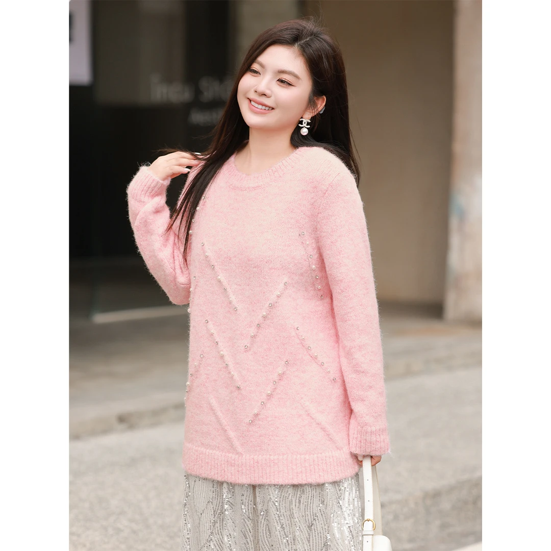 【春装&重工珠钻】MsShe大码女装新款2025花纱宽松毛衣E2412007
