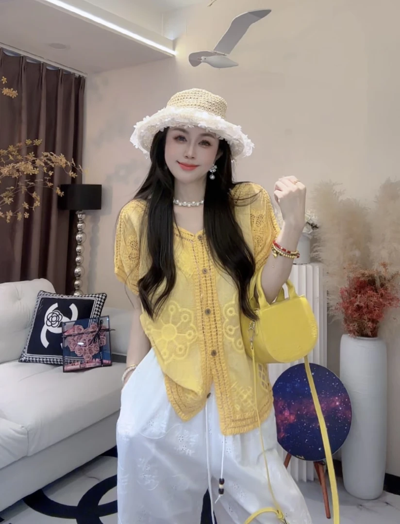 L.X~钩花镂空V领短袖雪纺衬衫女夏季高级设计感上衣微透罩衫6756