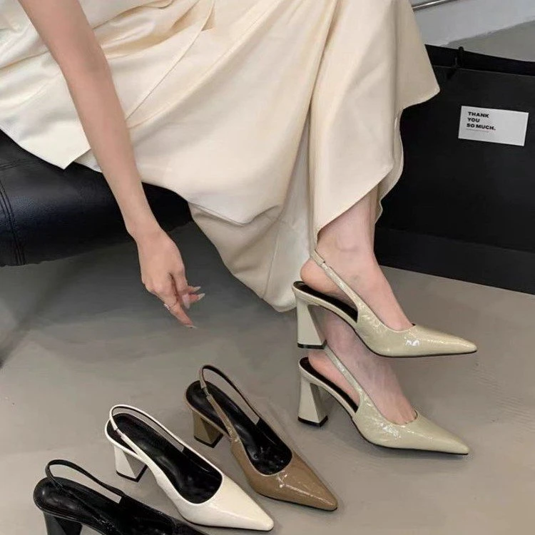 2025年新款尖头玛丽珍女鞋粗跟高跟浅口银色单鞋女鞋包头凉鞋夏季