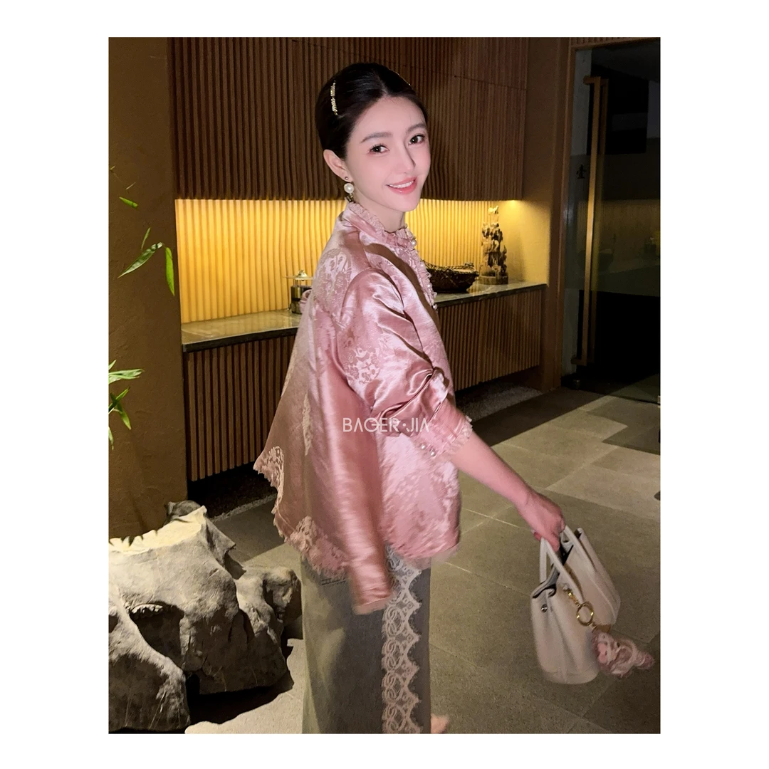 22-【珠光宝气】宝儿家含幂BK68325103XQ新中式蕾丝花边提花衬衫