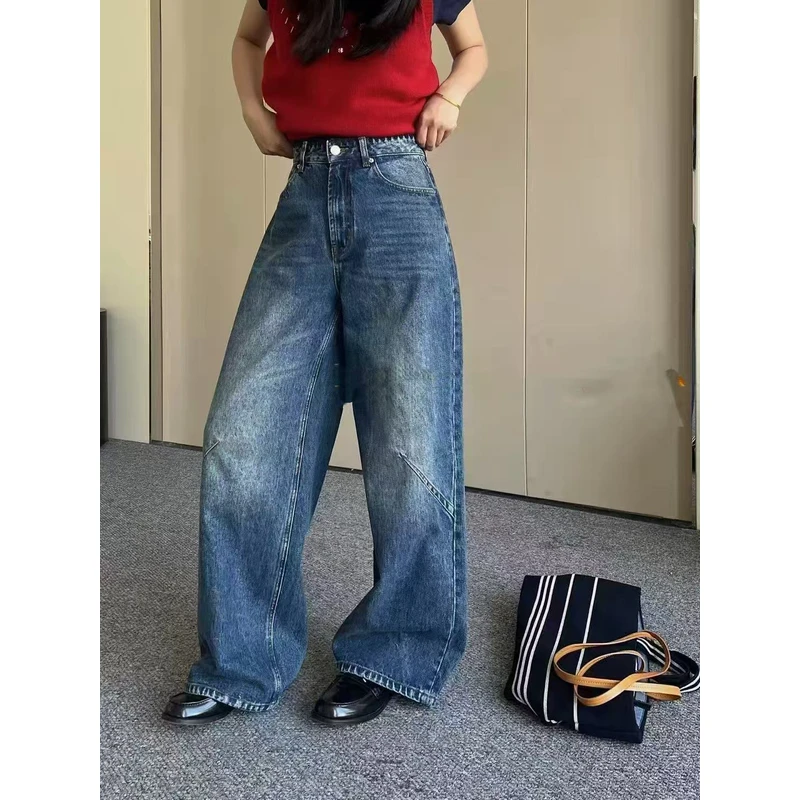 50957-3602 冬季加绒加厚蓝色牛仔直筒阔腿裤牛仔裤