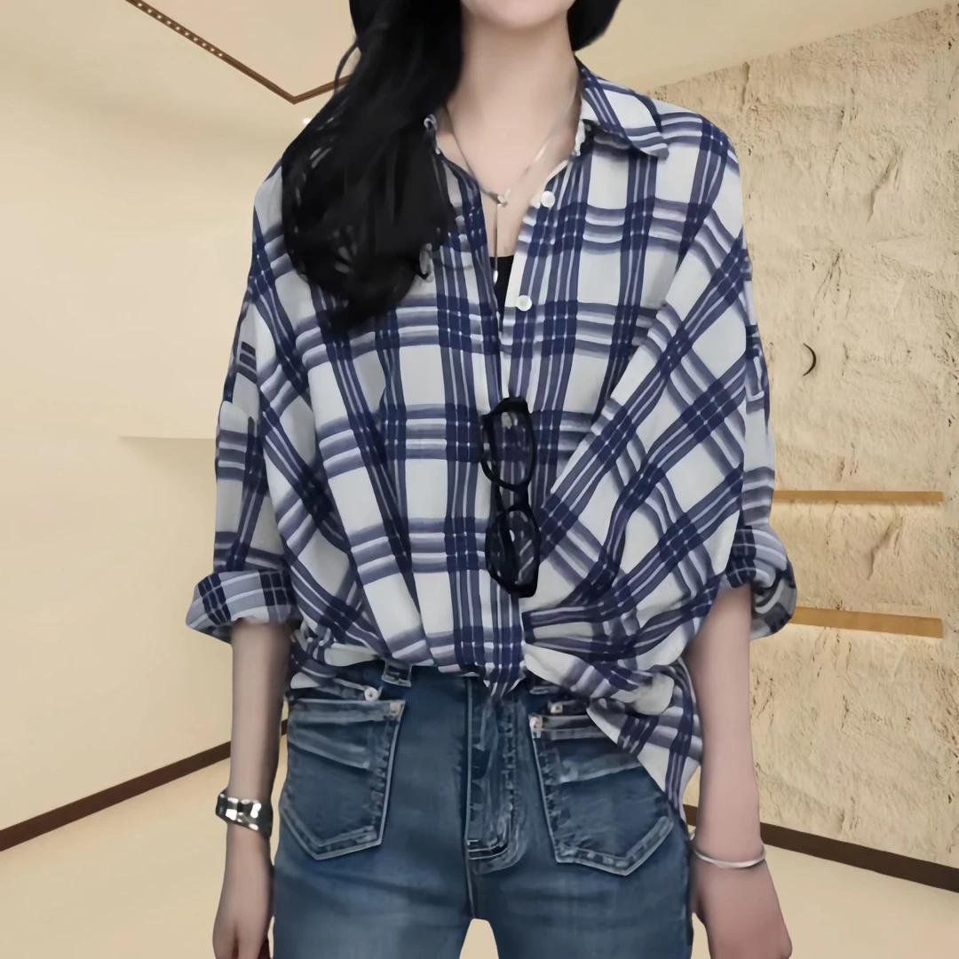 【松弛格调】格子长袖衬衫女2025夏季新款前襟打结时尚小众别致上衣