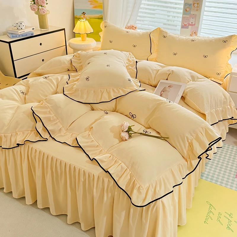 2025春夏新品韩版超柔水洗棉蝴蝶结刺绣小香风公主风床裙款四件套