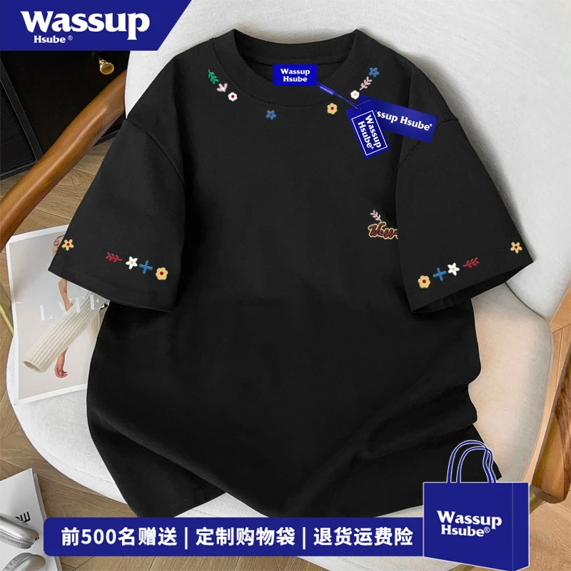 WASSUP HSUBE 美式趣味字母印花纯棉短袖男夏季ins高级感正肩上衣