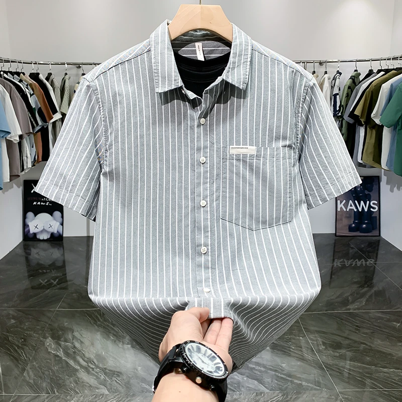 条纹衬衫男短袖轻奢潮牌纯棉夏季新款高级感小众条纹痞帅半袖衬衣