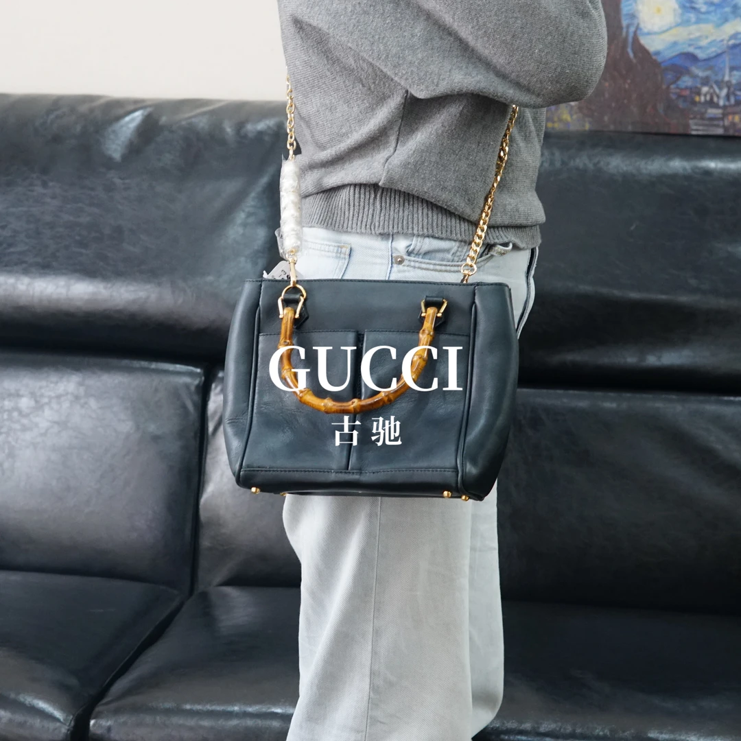 95新 GUCCI/古驰 黑色竹节斜挎包/FYJJ12604837/4837