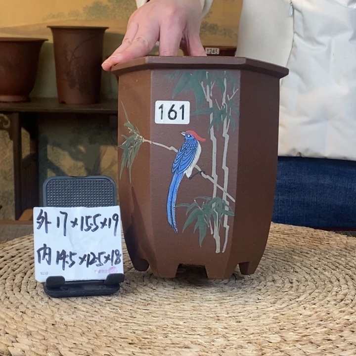 紫砂花盆 特惠紫泥彩绘六方161