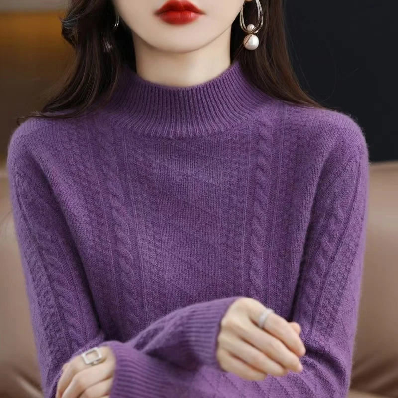 半高领纯100羊毛衫女百搭厚款毛衣秋冬新款休闲保暖套头100羊毛衫