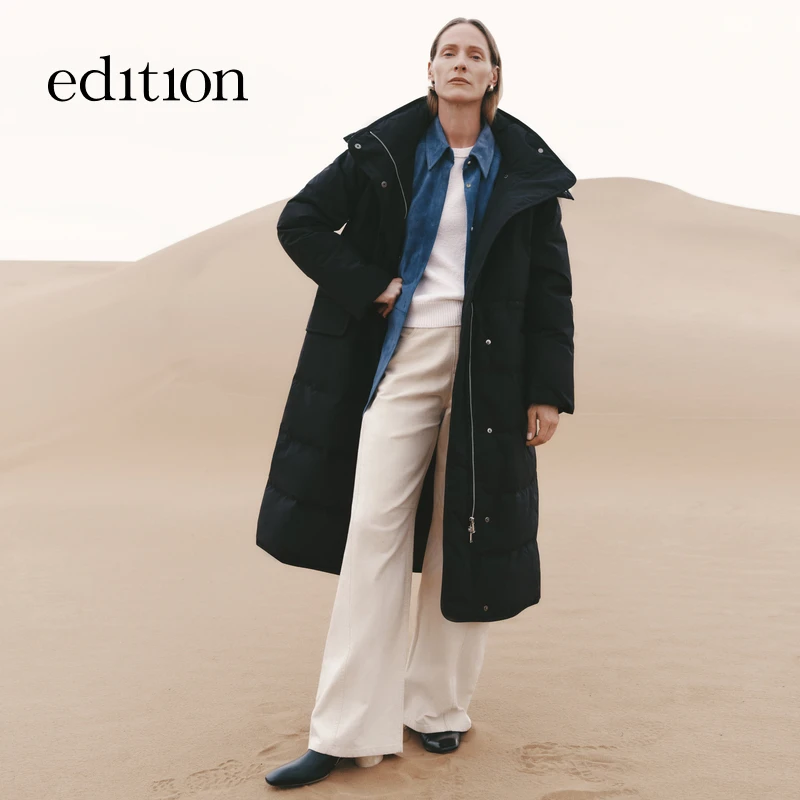 edition冬季时尚轻羽绒女长款连帽收腰鹅绒好羽绒服#EBC4EINK08