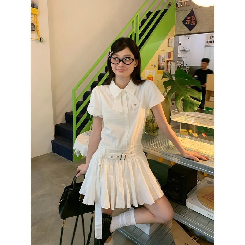 宋正恩学院风衬衫领白色连衣裙女夏季收腰泡泡袖小个子绝美短裙子