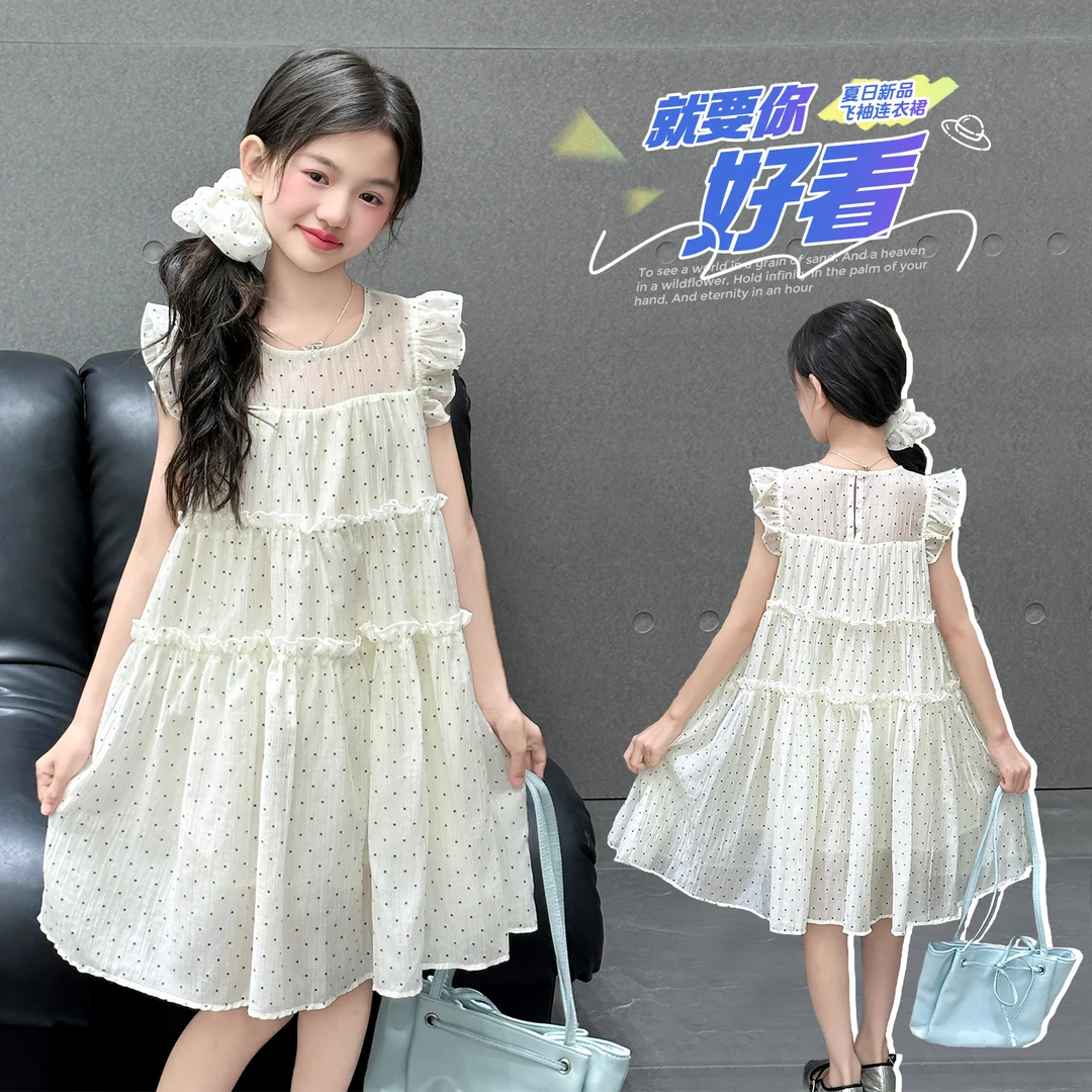 女童夏装连衣裙中大童洋气斑点棉纱裙夏季休闲女孩甜美飞袖公主裙