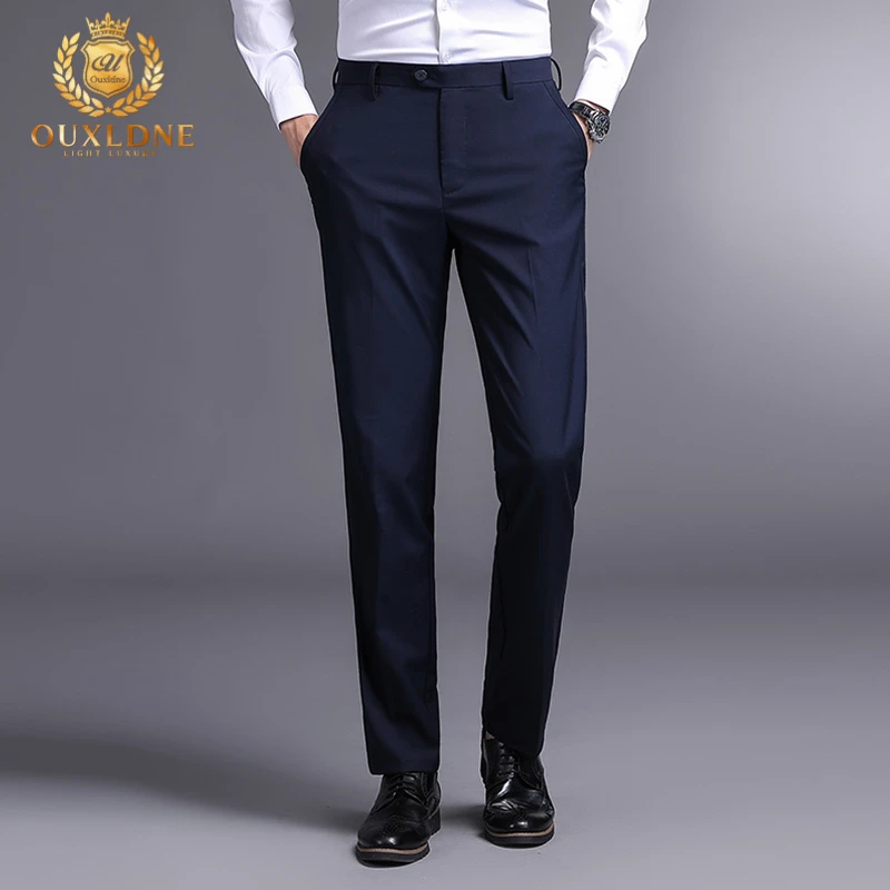 OUXLDNE冰丝西裤男直筒透气休闲裤爸爸正装垂感弹力夏季西裤男款