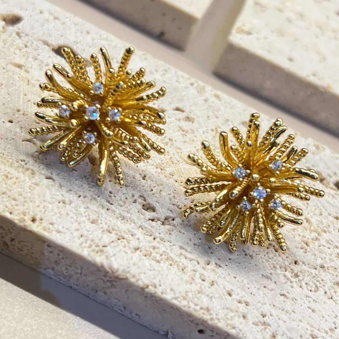 铜合金锆石耳饰 耳饰耳钉爆炸盛开的花金气质轻奢时尚百搭复古