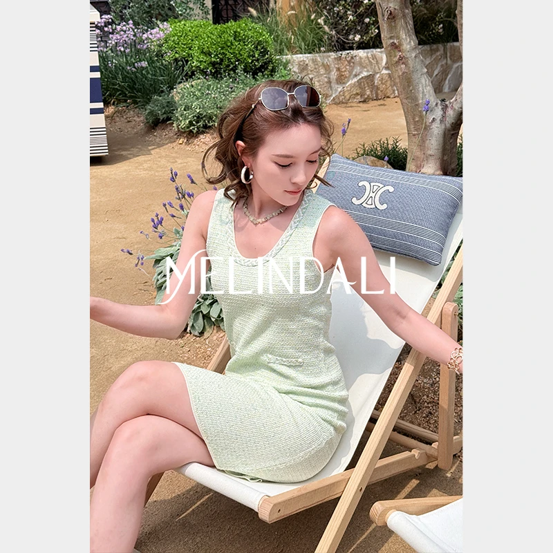 Melinda Li【滨海曼波】私服系列金丝手工编织带无袖小香风连衣裙