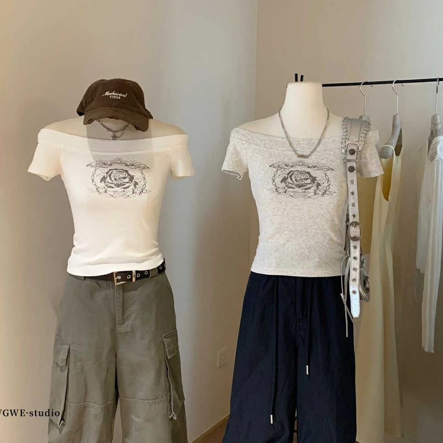 纯棉1*1抖音质量~复古印花一字肩上衣修身纯欲风性感显瘦气质短袖