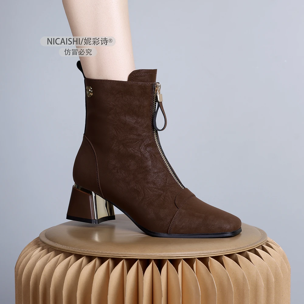 2024年新款欧美复古深棕色简约粗跟加绒舒适百搭女短靴0887