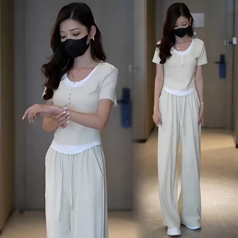 2025夏季新款时尚休闲套装女假两件短袖上衣高腰宽松阔腿裤两件套