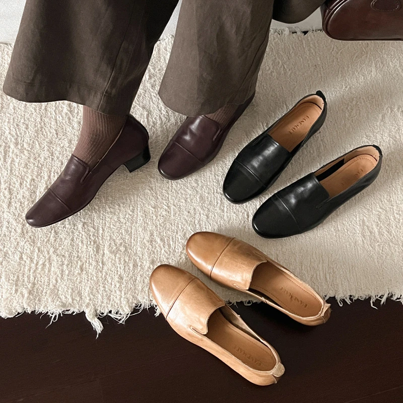 大小码可退质感十足牛皮乐福鞋2025春粗中跟圆头真皮通勤深口单鞋
