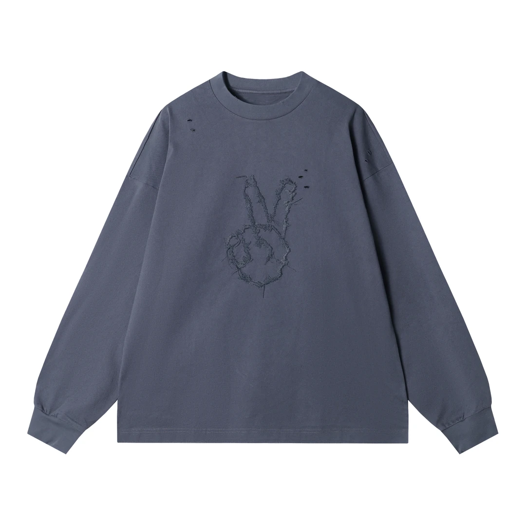 早春新款时尚个性破洞纯色剪刀手刺绣圆领长袖T恤百搭情侣上衣