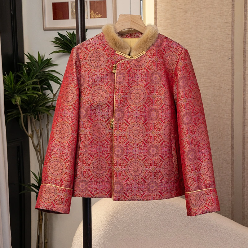 【八达晕】国潮新中式桑蚕丝宋锦水貂毛领斜襟棉服气质外套6443083