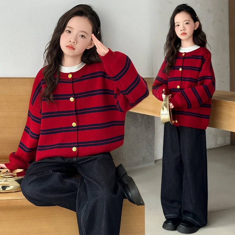女童秋装套装2025新款儿童春秋款条纹开衫毛衣中大童针织衫两件套