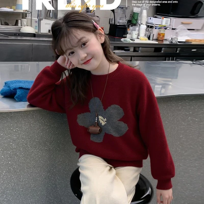 红色毛衣女童2025新款儿童针织打底衫女孩大童冬季加厚毛线衣内搭