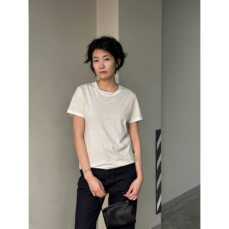 LANGQING 白色正肩短袖t恤女新款夏季圆领休闲面膜打底上衣41631#