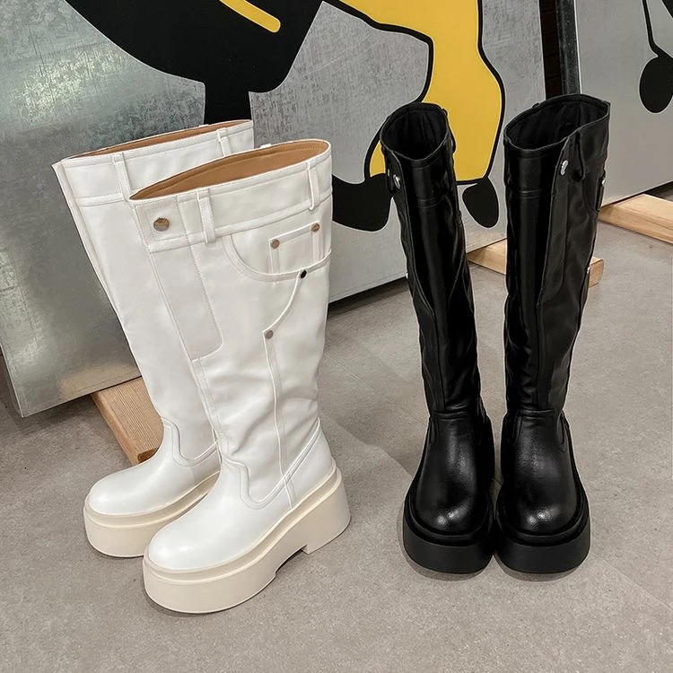 ZHIYU 辣妹高筒靴 厚底圆头 小个子增高 时尚裤管堆堆靴7cm