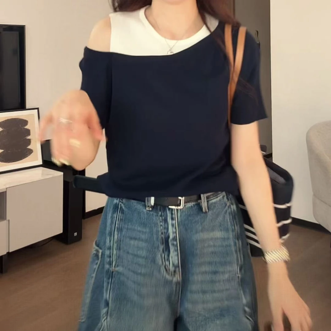 露肩条纹针织显瘦短袖T恤女2025夏季新款宽松显瘦通勤圆领上衣