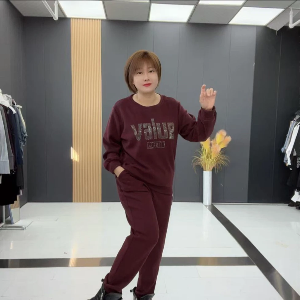 女宽松型大码套头拼接秋季圆领长袖卫衣百搭上衣家居服网红-9975