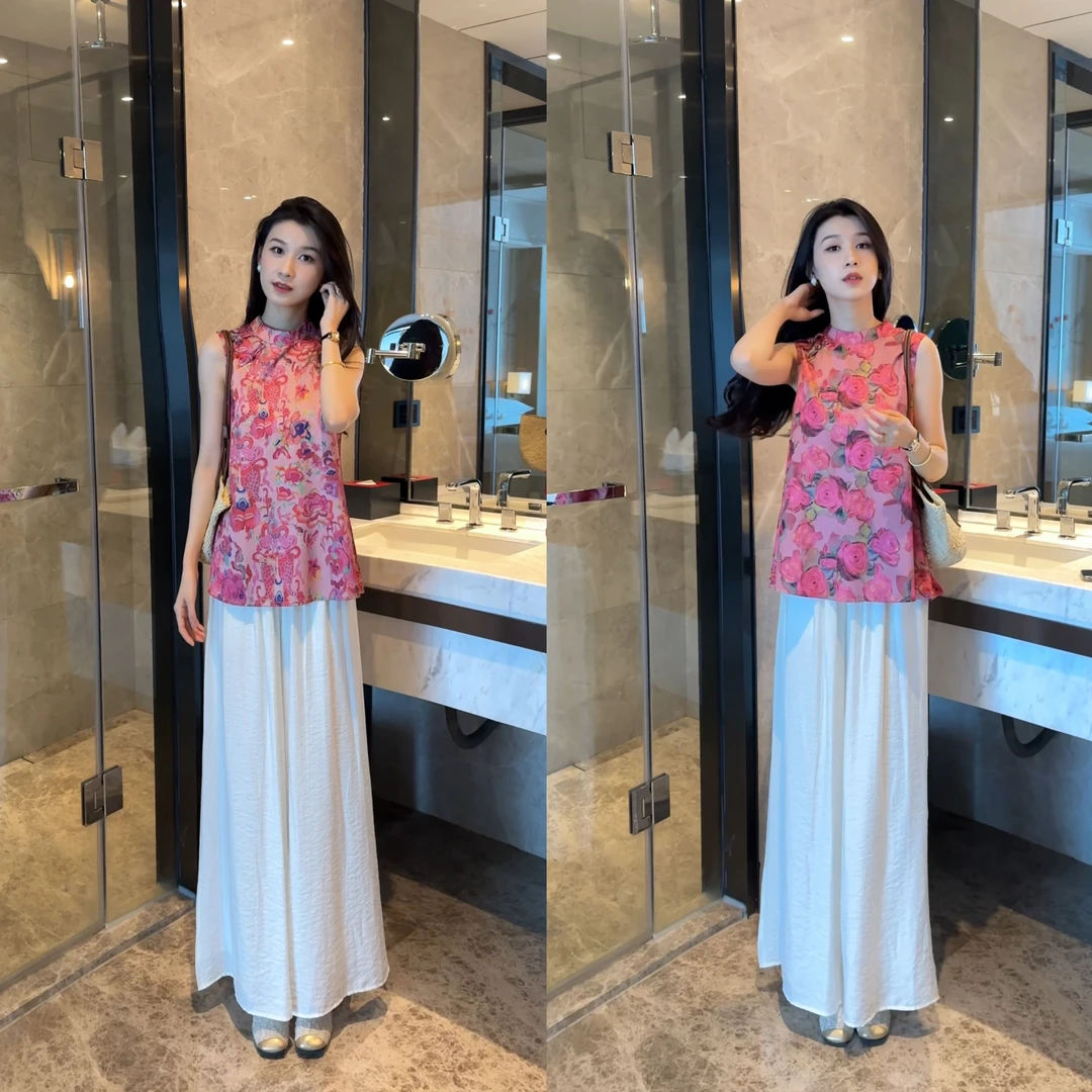 2025新中式提花无袖中长款上衣+阔腿裤夏季清凉感两件套