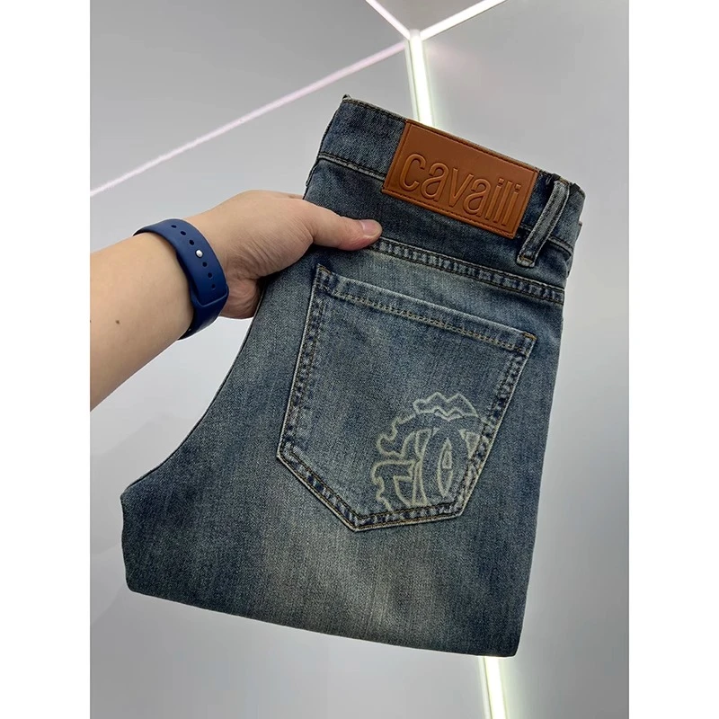 吉伦略索春夏高端潮流欧货男士牛仔裤时尚烧花提花修身小直脚长裤