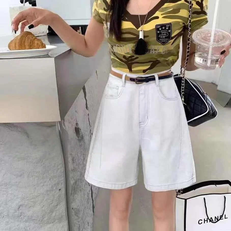 67958休闲风高腰水洗白色显瘦短裤直筒休闲五分裤宽松