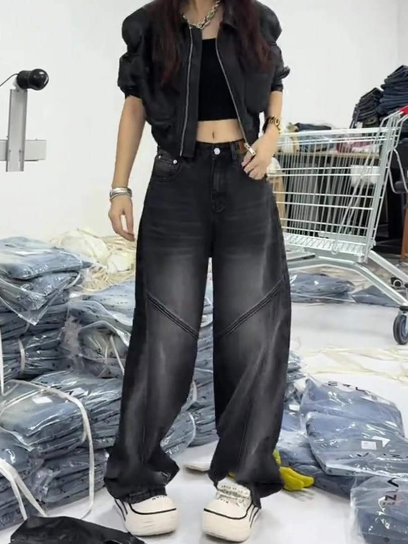 黑灰色阔腿弯刀牛仔裤女秋季新款大码胖mm宽松显瘦小个子直筒裤