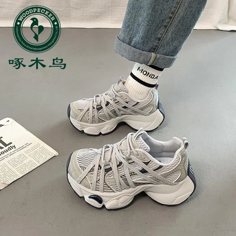 啄木鸟老爹鞋女夏季新款薄款网面透气厚底增高小众休闲运动鞋子女