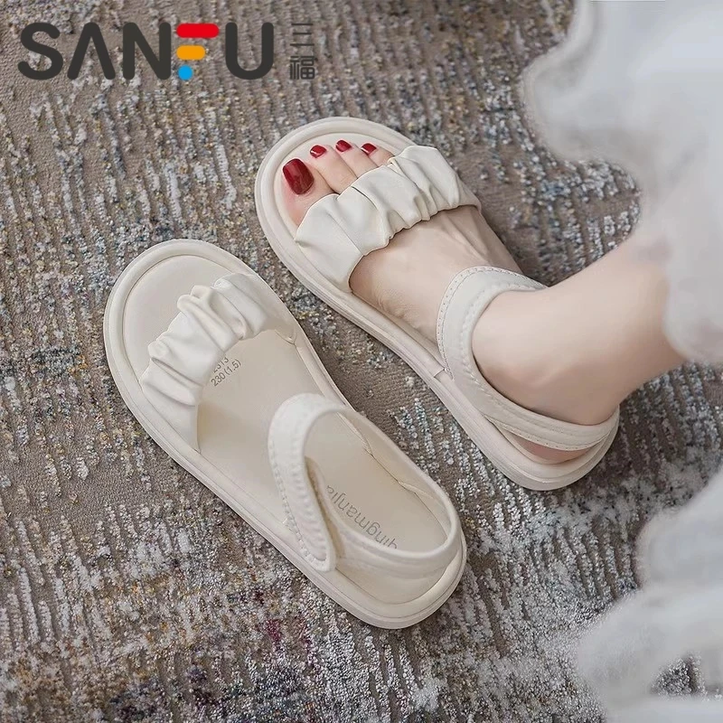 三福平底魔术贴软底时尚运动凉鞋女夏季外穿配裙子2025新款沙滩鞋