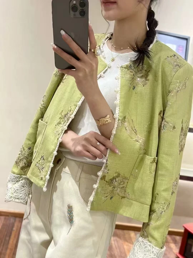 新中式重工刺绣蕾丝亮片亚麻外套女2025春季新品时尚圆领珠扣开衫