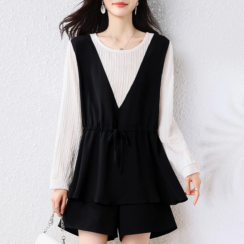 【女神新衣】假两件长袖打底衬衫女秋胖mm显瘦遮肚子收腰裙摆上衣