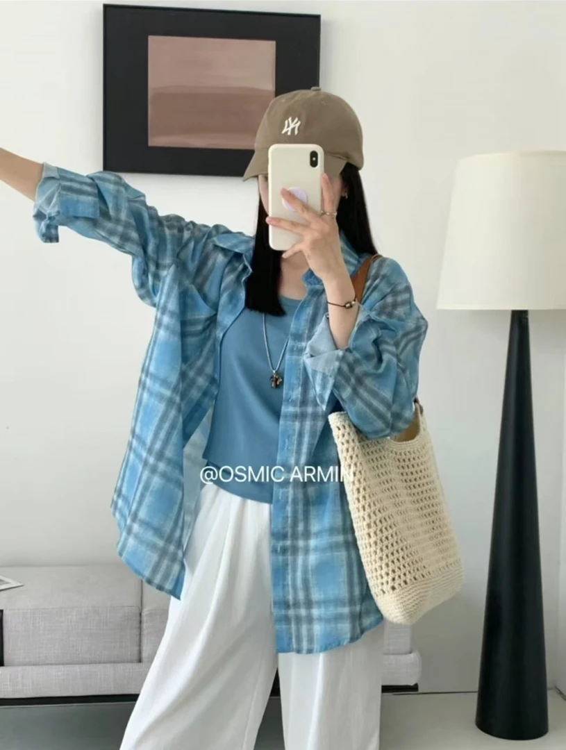 复古慵懒格子衬衫女夏季新款慵懒翻领衬衣防晒外套宽松长袖上衣