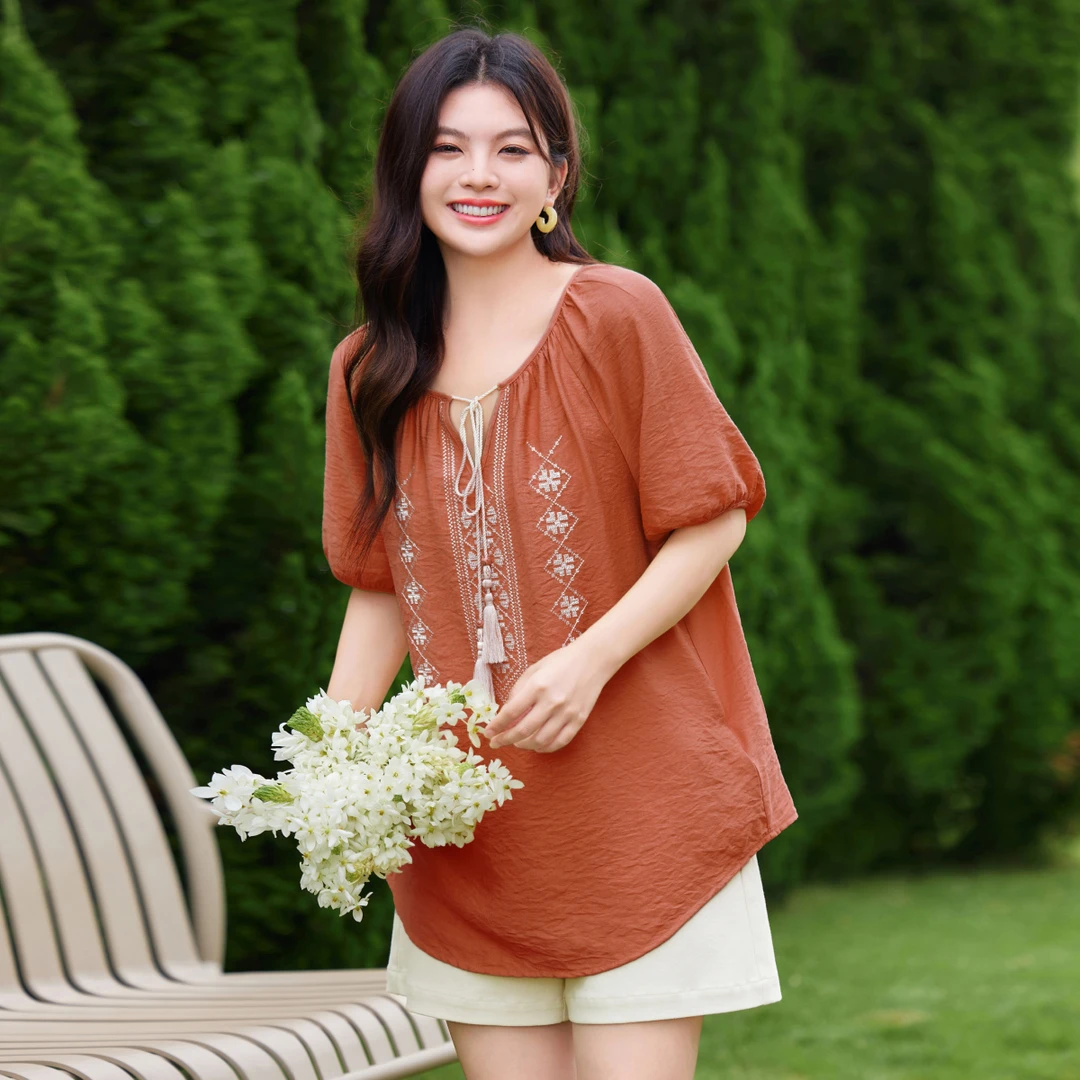 【波西米亚撞色刺绣小衫】MsShe大码女装秋装宽松V领上衣F2505020