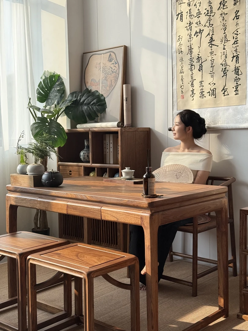 北方榆木实木阳台茶桌椅组合中式泡茶小户型休闲阳台2-全实木家具