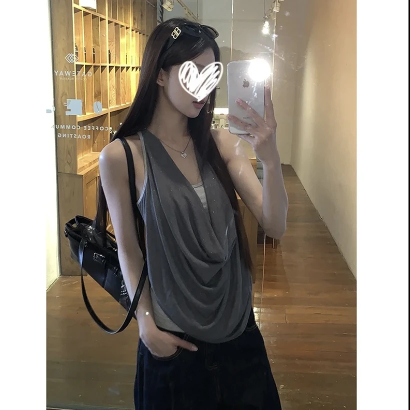 YIDENG2025年春夏纯欲辣妹荡领吊带女辣妹性感设计感背心显瘦上衣