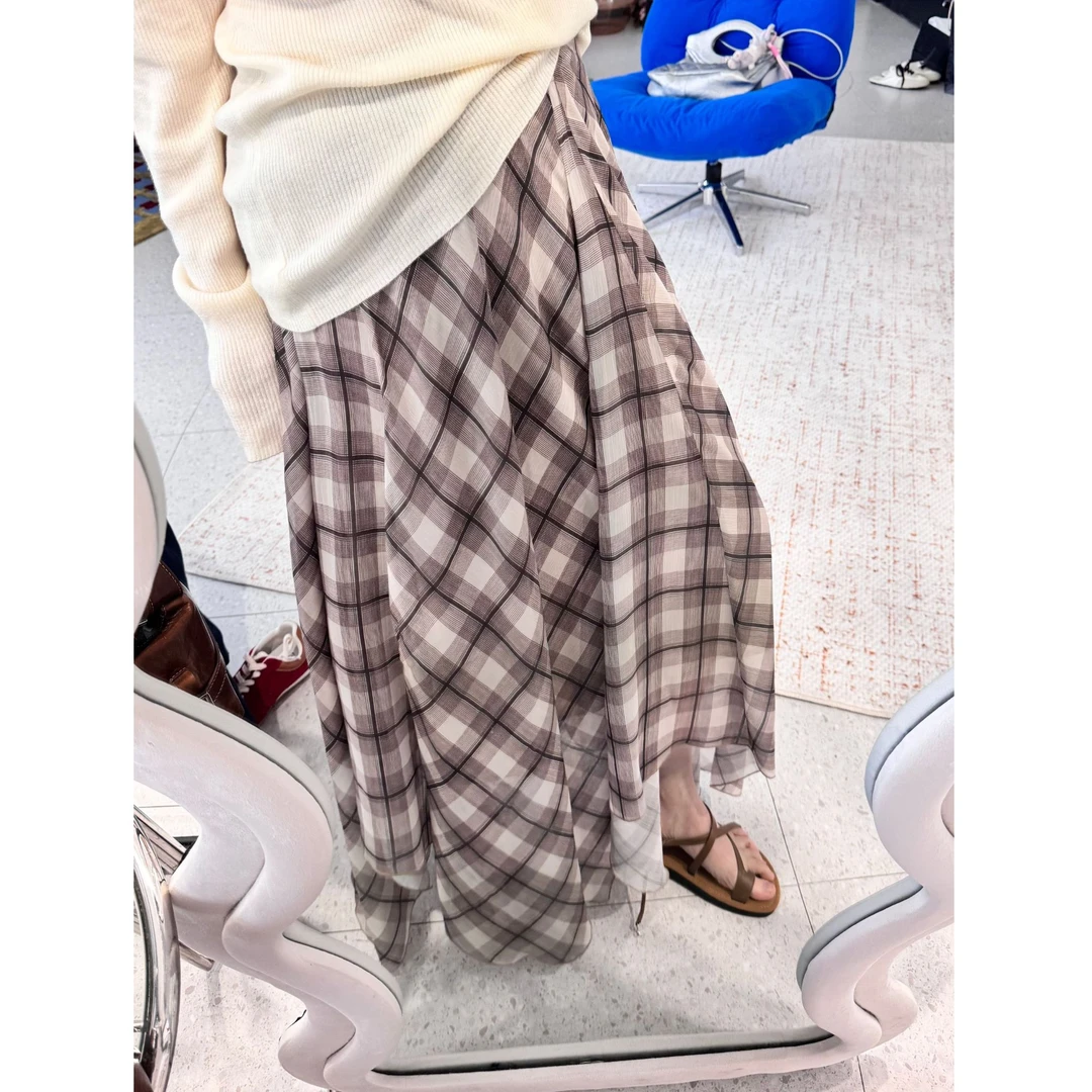 晶咕【夏日巡游记】复古高腰下摆不规则格纹显瘦半身裙