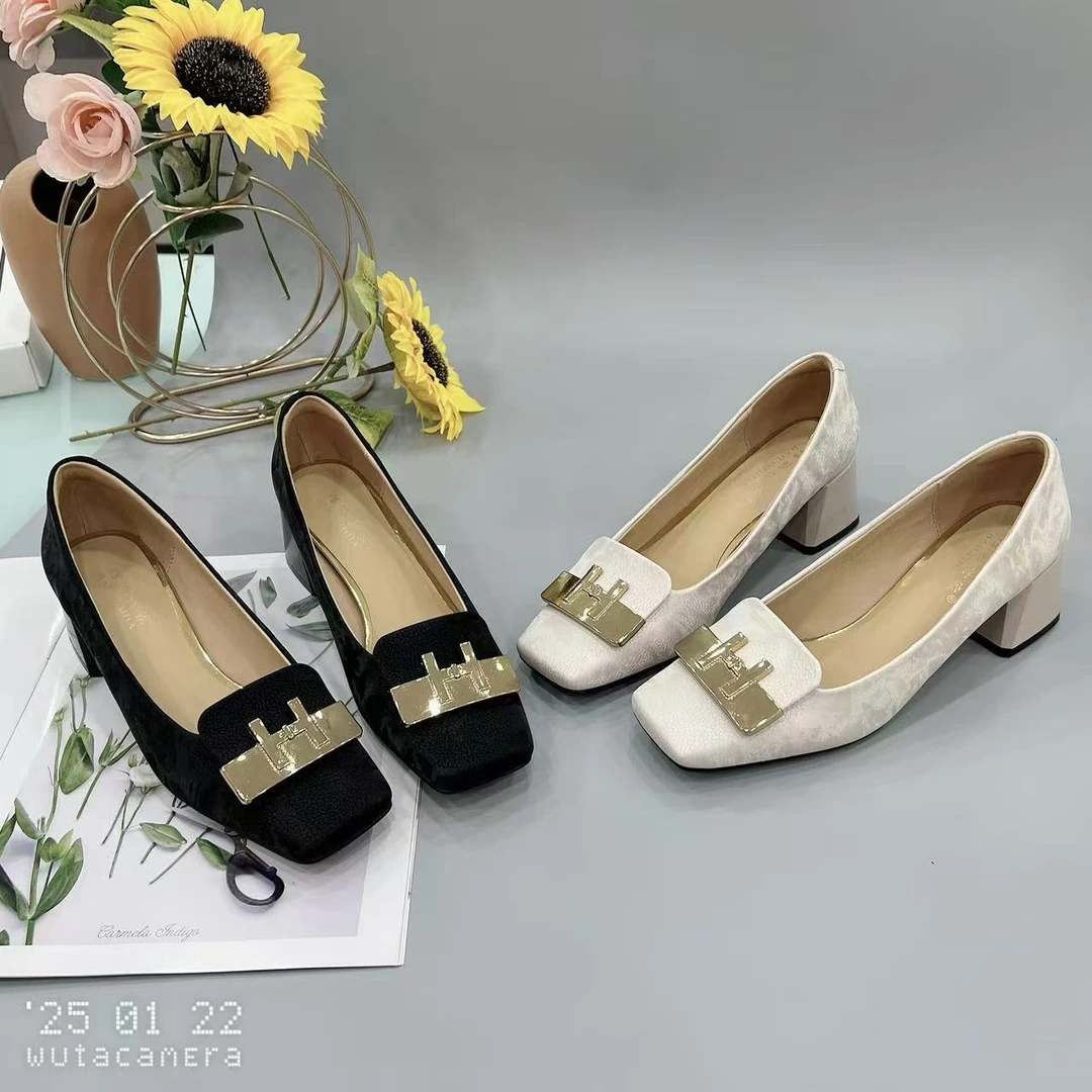 P252126 新款法式浅口高跟鞋女粗跟方头百搭单鞋