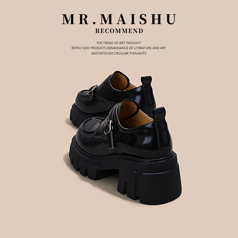MR.MAISHU~头层牛皮厚底真皮乐福鞋女款百搭漆皮单鞋英伦风乐福鞋