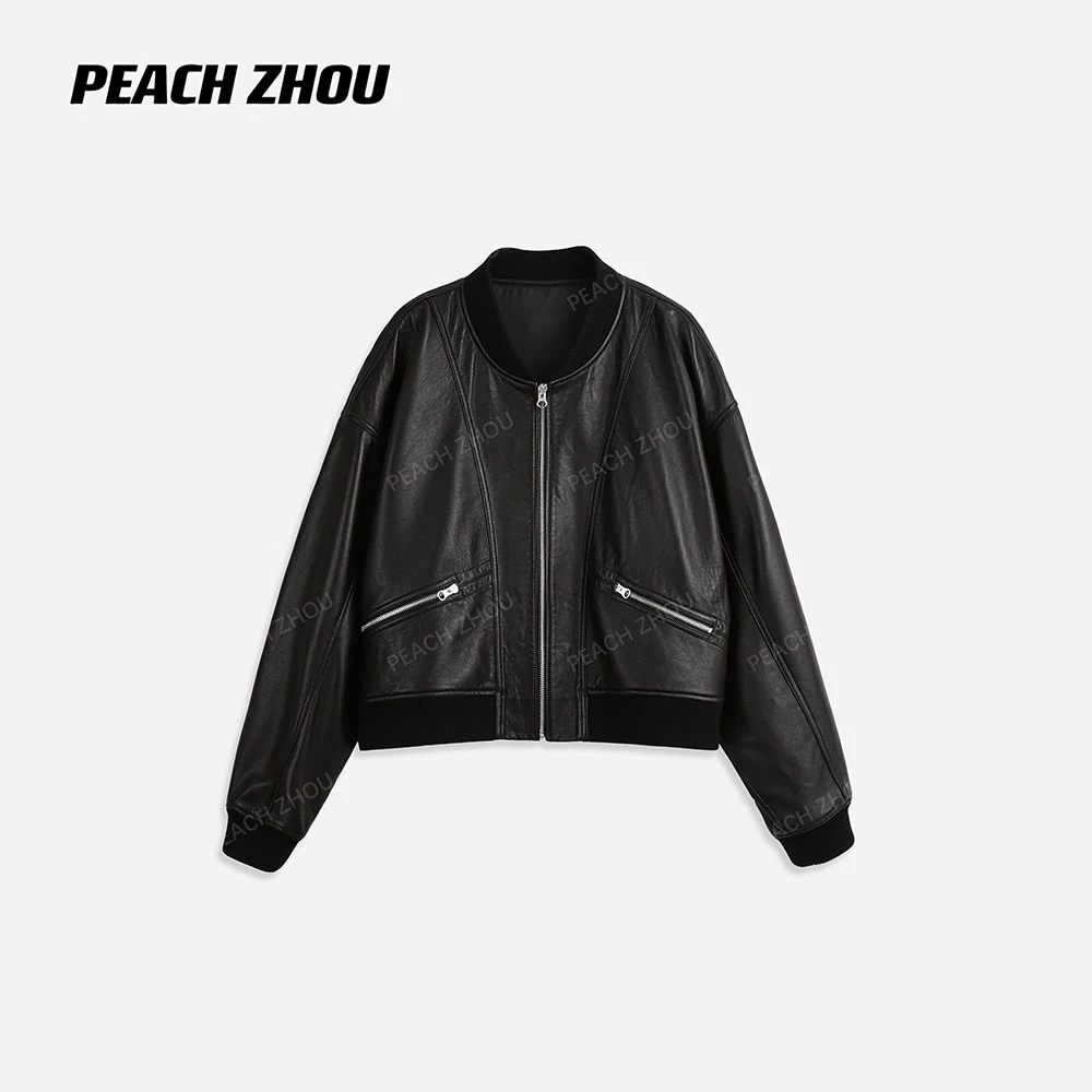 『PEACHZHOU』土耳其绵羊皮ROW风轻蜡感皮衣闭绒棒球领短款拉链夹克