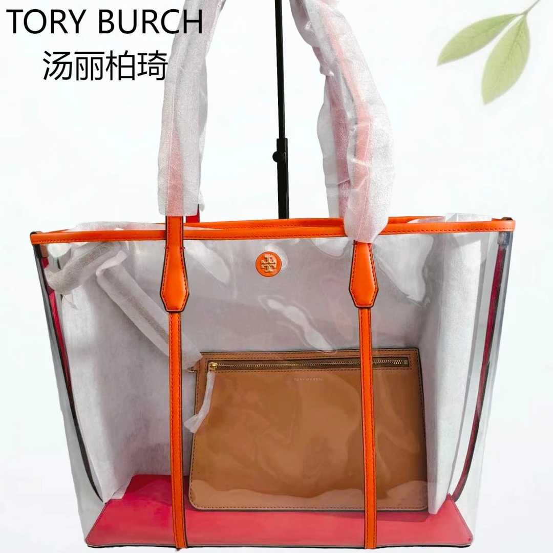99新 TORY BURCH/汤丽柏琦 透明拼橙边托特包G25804130底长36X29