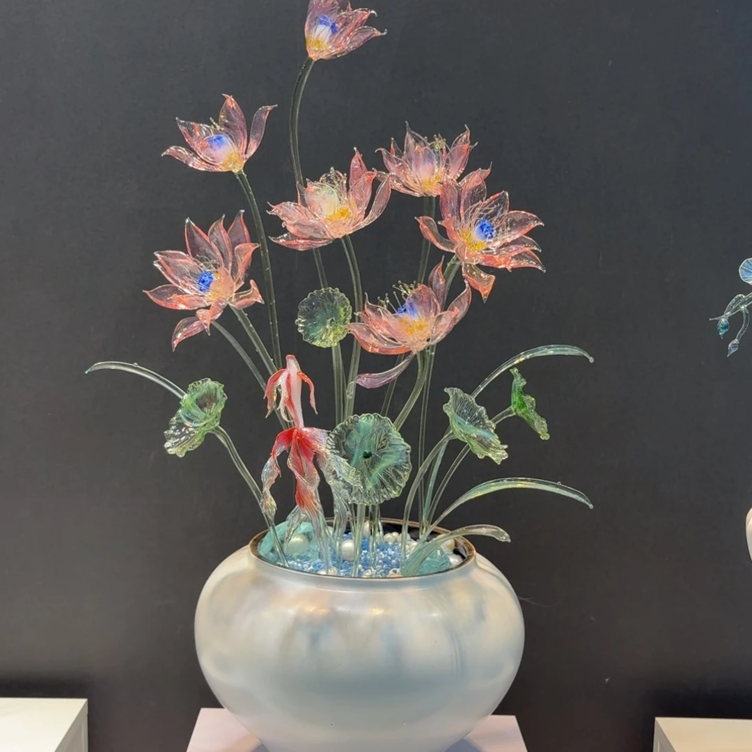 琉璃手工艺品金粉色大荷花闪022