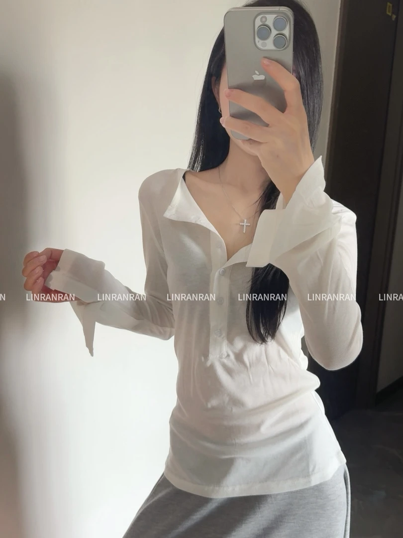 林苒苒 轻薄半开V领显瘦基础长袖T